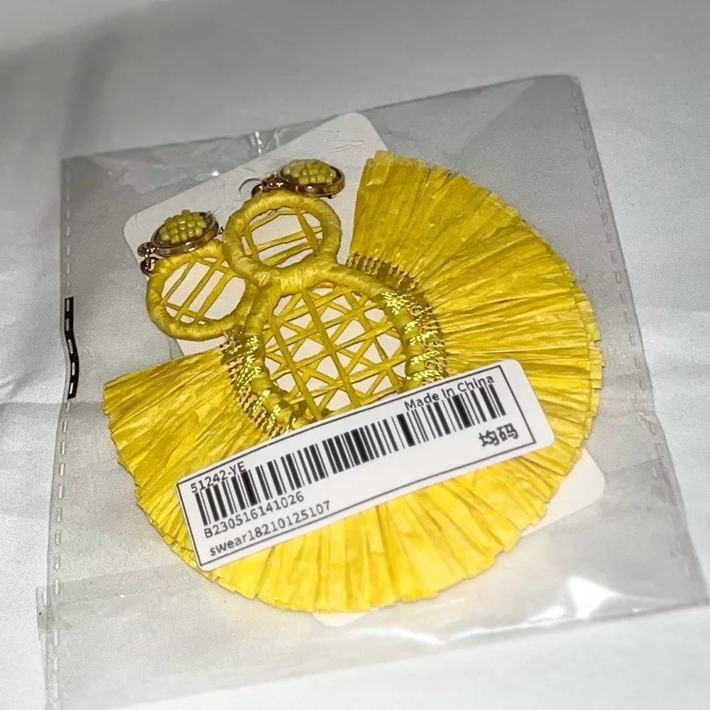 Women’s Statement Raffia Tassel Earrings Boho Dangle Drop Yellow - Picture 6 of 6